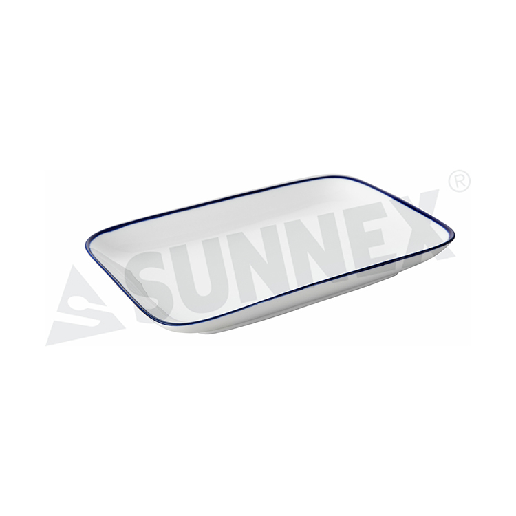 Porcelain Rectangular Dish With Blue Rim